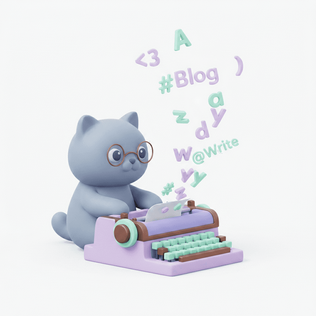 Cartoon cat typing on keyboard